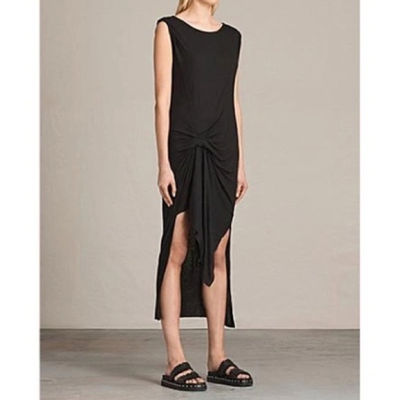 Allsaints Women’s Riviera ochre Dress Multi Colored Silk Side Ruched MIDI Dress - Picture 1 of 9